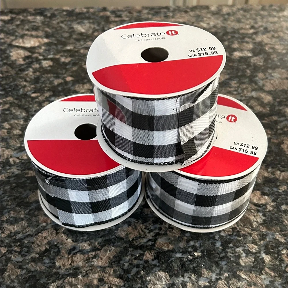 CELEBRATE IT BLACK & WHITE BUFFALO CHECKERED WIRED RIBBON 2.5 x 20FT LOT OF 3